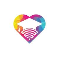 plantilla de diseño de logotipo de concepto de forma de corazón de educación wifi. sombrero graduado y diseño de logotipo vectorial wifi. estudiar el concepto de logotipo en línea vector