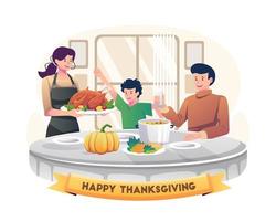 The Family celebrates Thanksgiving by having Dinner together around the table with homemade meals and food. Vector illustration