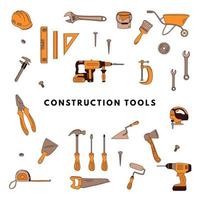 herramientas de construcción elementos planos dibujados a mano. el concepto de renovación de viviendas, construcción. vector