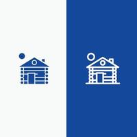 servicio de construcción de hotel línea de inicio y glifo icono sólido banner azul vector