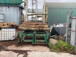 Industrial sawmill with logs for processing into boards, equipment for logging and making wood products photo