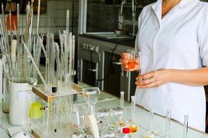 A female laboratory assistant, a doctor, a chemist, works with flasks, test tubes, makes solutions, medicines, mixes the ingredients in the laboratory. Laboratory assistant carries out the research photo