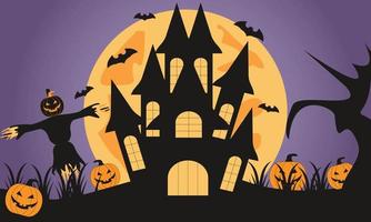 castillo de noche de halloween con luna grande vector