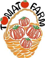 cesta con tomates maduros rojos aislados en blanco. ilustración vectorial redacción de la granja de tomate. tomates hechos de letras. vector