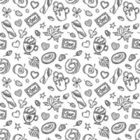 Autumn doodle seamless pattern. Hand drawn set of sketches cups of coffee, apple, leaves, donut, cookies, acorns vector