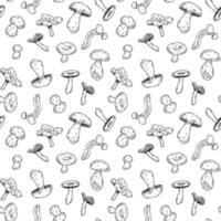 Hand-drawn vector lineart seamless doodle-style pattern with mushrooms on a white background.