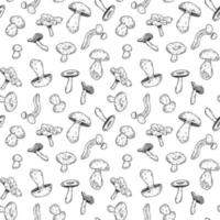 Hand-drawn vector lineart seamless doodle-style pattern with mushrooms on a white background.