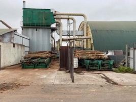 Industrial sawmill with logs for processing into boards, equipment for logging and making wood products photo