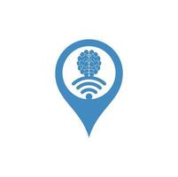 diseño de logotipo de concepto de forma de pin de mapa de cerebro y wifi. educación, tecnología y antecedentes comerciales. icono del logotipo del cerebro de wifi vector