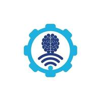 diseño del logotipo del concepto de forma de engranaje cerebral y wifi. educación, tecnología y antecedentes comerciales. icono del logotipo del cerebro de wifi vector