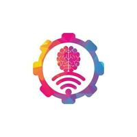 diseño del logotipo del concepto de forma de engranaje cerebral y wifi. educación, tecnología y antecedentes comerciales. icono del logotipo del cerebro de wifi vector