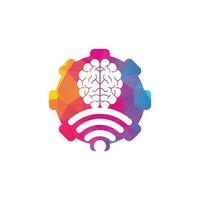 diseño del logotipo del concepto de forma de engranaje cerebral y wifi. educación, tecnología y antecedentes comerciales. icono del logotipo del cerebro de wifi vector