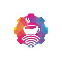 Coffee WiFi gear shape concept logo design. Coffee cup with WiFi vector icon logo