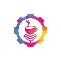 Coffee WiFi gear shape concept logo design. Coffee cup with WiFi vector icon logo