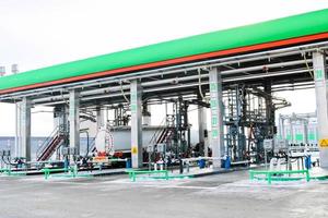 Large green industrial gas station for refueling vehicles, trucks and tanks with fuel, gasoline and diesel in the winter photo