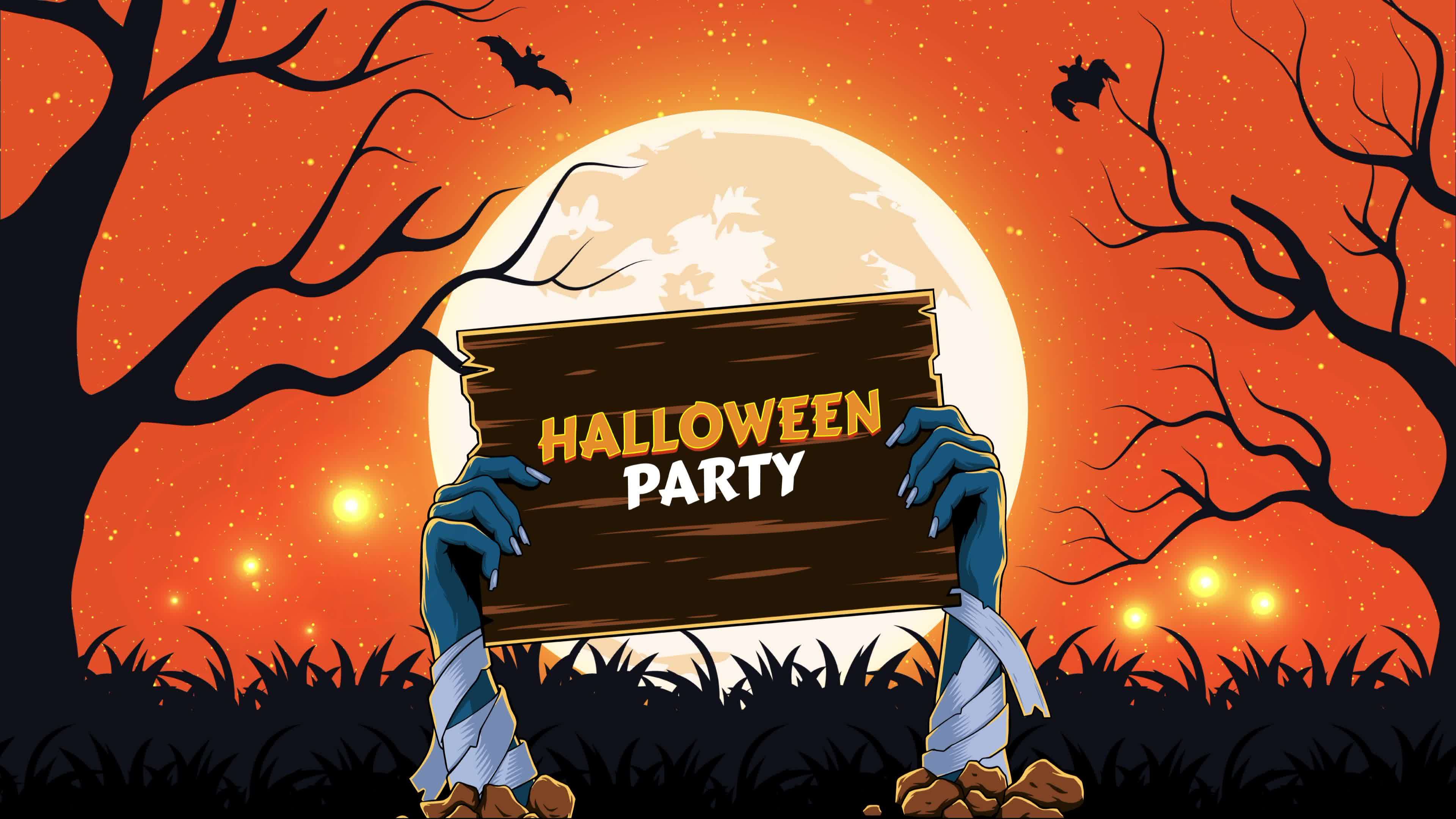 Halloween party animation - Dead Man's arms from the ground with invitation  to zombie party. Moon background 13416429 Stock Video at Vecteezy