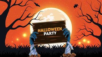 animación de la fiesta de halloween - brazos del hombre muerto desde el suelo con invitación a la fiesta zombie. fondo de luna