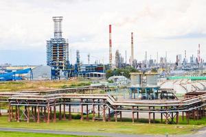 Industrial landscape. Panoramic view of the technological pipes. Plant settings. From the chemical red-white pipes smoke is coming. Production buildings. Against background of sky and bright grass photo