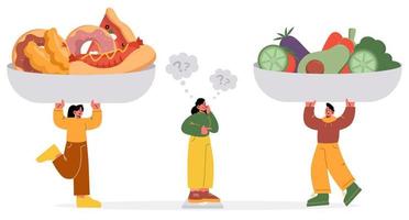 Woman choose between healthy and unhealthy food vector