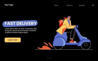 Fast delivery banner with courier on motorcycle