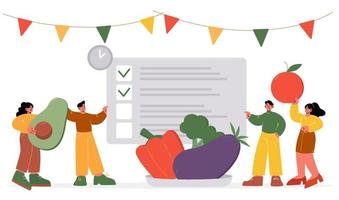 pequeños personajes escriben una lista de productos de alimentación saludable vector