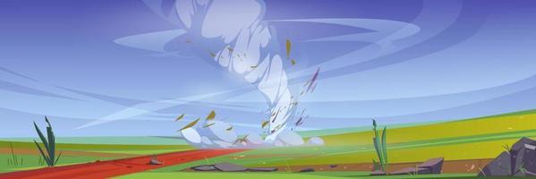 Tornado on fields with green grass and road vector