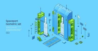 Spaceport isometric set with rocket on cosmodrome vector