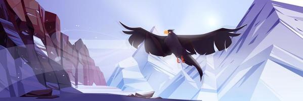 montañas nevadas con cuervo volador