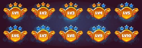 insignias doradas de nivel de juego con estrellas de calificación vector