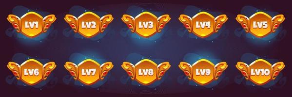 Game level golden badges with rating stars vector