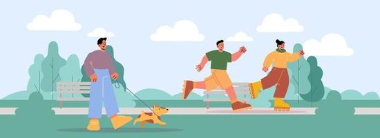 People run and walk with dog in park vector
