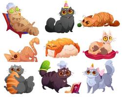 Set of funny cats cartoon characters, home pets vector