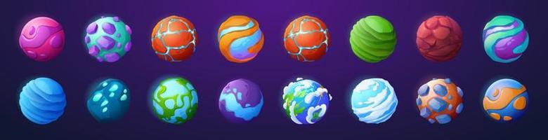 Game icons of fantasy planets and asteroids vector