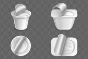 Open plastic containers with white yogurt vector