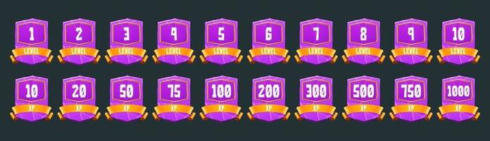 Purple badges with level number and xp points vector