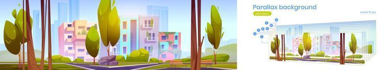 Parallax background with eco houses and city park vector