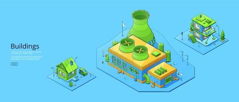 Isometric buildings power station, house and store