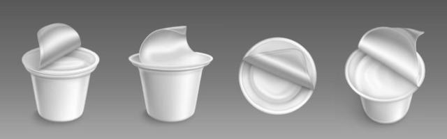 Plastic cup with open cap and yogurt inside set vector