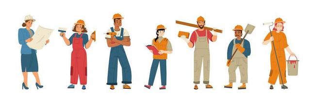 Builders and construction workers in helmets vector