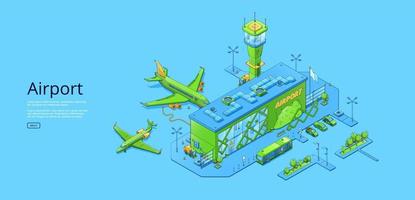 Poster with isometric airport terminal and planes vector