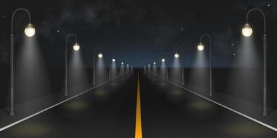 Night road with street lamps perspective view vector