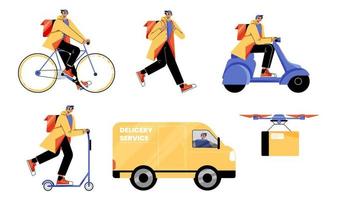 Delivery service worker on motorcycle, bike, truck vector