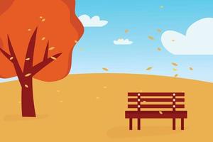 Flat autumn background with a bench. Vector illustration