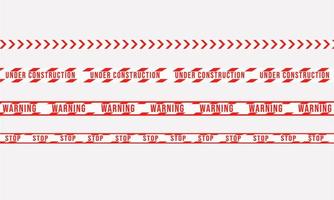 Set of warning red ribbons for construction and crime control. Under construction, stop, warning. Vector illustration on white background.