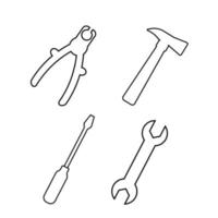 Set of different tools screwdriver, pliers, wrench, hammer in line style. Vector illustration