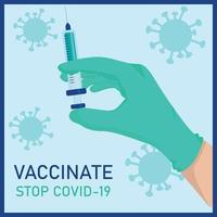 Coronavirus vaccination. Stop Covid 19. Poster hand with syringe. vector