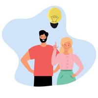 A man in red and a woman in pink came up with an idea. The light bulb is glowing. Creativity. vector