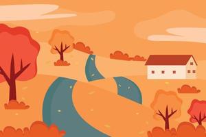 Flat autumn background, landscape with a house. Vector illustration