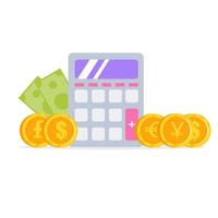 Flat style electronic calculator with coins and money. Vector illustration
