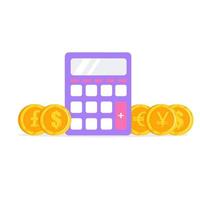 Flat style electronic calculator with coins, money. Vector illustration